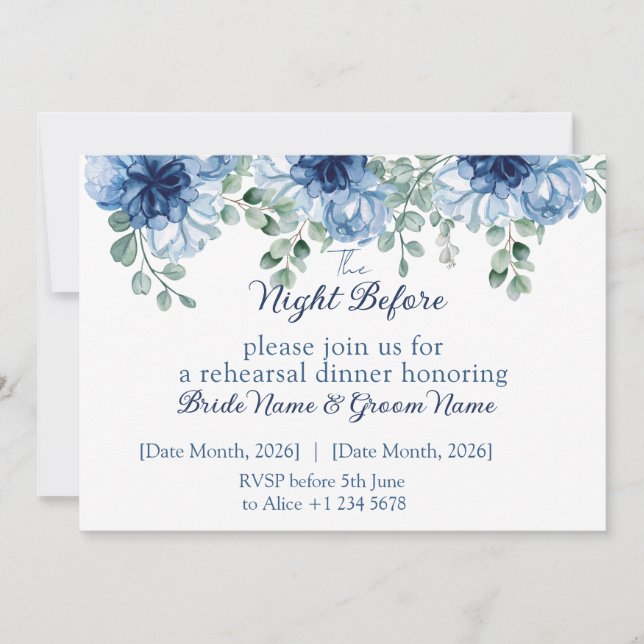 Invitación Dusty Blue Floral Wedding Rehearsal Dinner (Anverso)