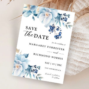 Invitación Dusty Blue Floral Winter Wedding Salven La Fecha