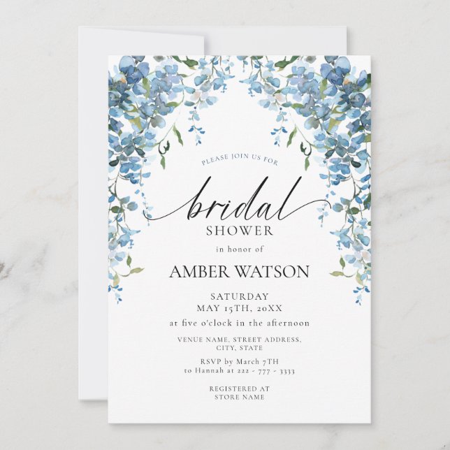 Invitación Dusty Blue Floral Wisteria Bridal Shower (Anverso)