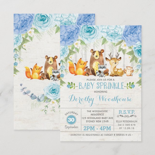 Invitación Dusty Blue Floral Woodland Animals Boy Baby Shower (Anverso / Reverso)