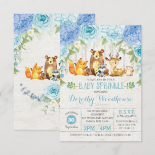 Invitación Dusty Blue Floral Woodland Animals Boy Baby Shower