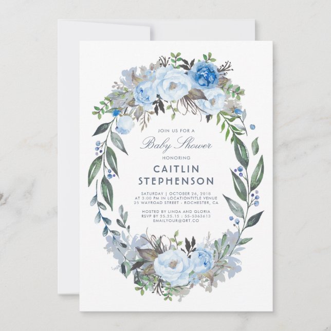 Invitación Dusty Blue Floral Wreath Elegante Baby Shower (Anverso)