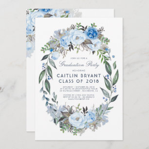 Invitación Dusty Blue Floral Wreath Elegante fiesta de gradua