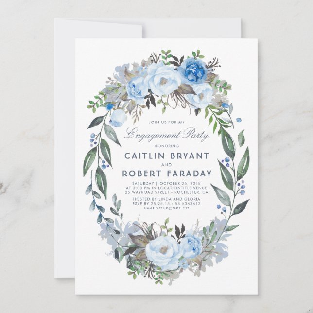 Invitación Dusty Blue Floral Wreath Engagement Party (Anverso)