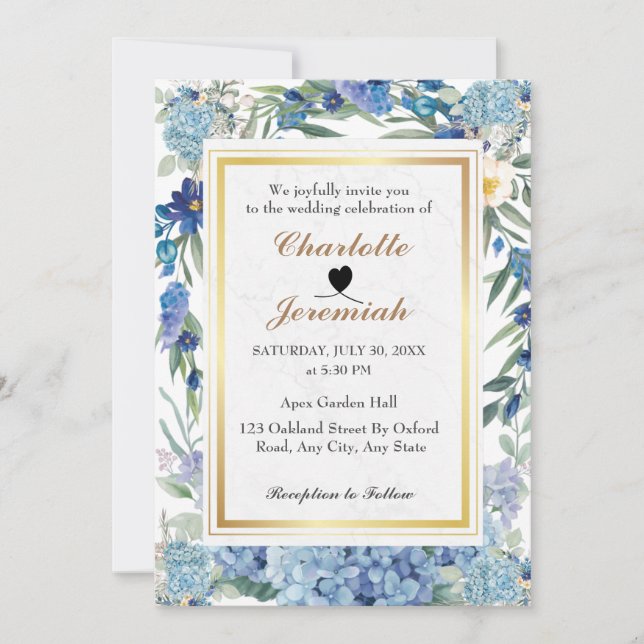 Invitación Dusty Blue Floral Wreath Greenery Foliage Boda (Anverso)