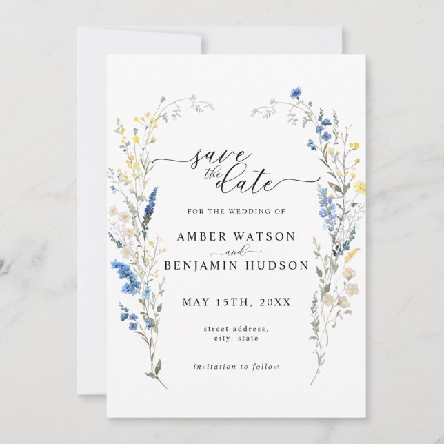 Invitación Dusty Blue Floral Wreath Wedding Save The Date (Anverso)