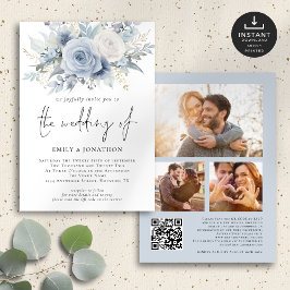 Invitación Dusty Blue Florals 3 fotos Boda de código QR