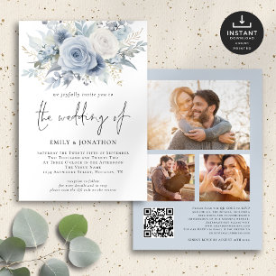 Invitación Dusty Blue Florals 3 fotos Boda de código QR