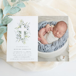 Invitación Dusty Blue Florals Baptism Photo Invitation