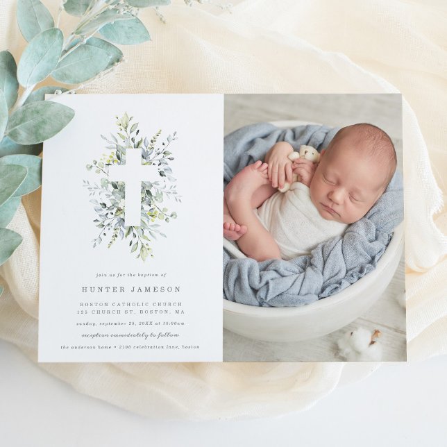 Invitación Dusty Blue Florals Baptism Photo Invitation (Subido por el creador)