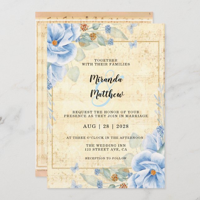 Invitación Dusty Blue Florals Boda de música de chapa de époc (Anverso / Reverso)
