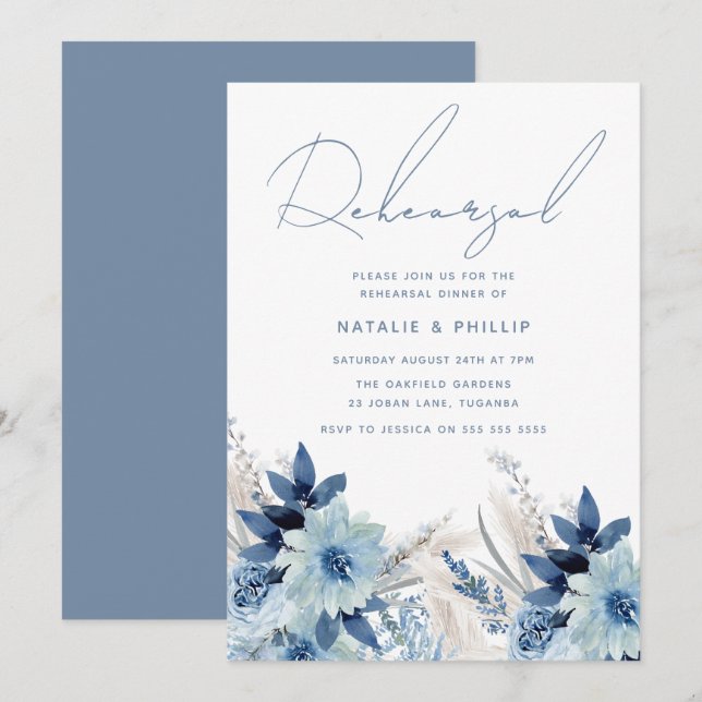 Invitación Dusty Blue Florals Boda ensayo Cena (Anverso / Reverso)