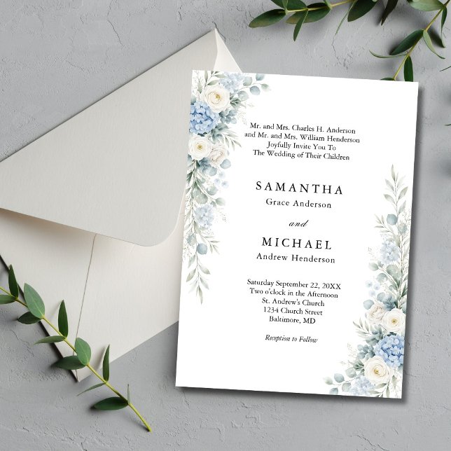 Invitación Dusty Blue Florals Both Parents Names Wedding (Dusty blue, cream and white watercolor florals elegant traditional wedding invitation)