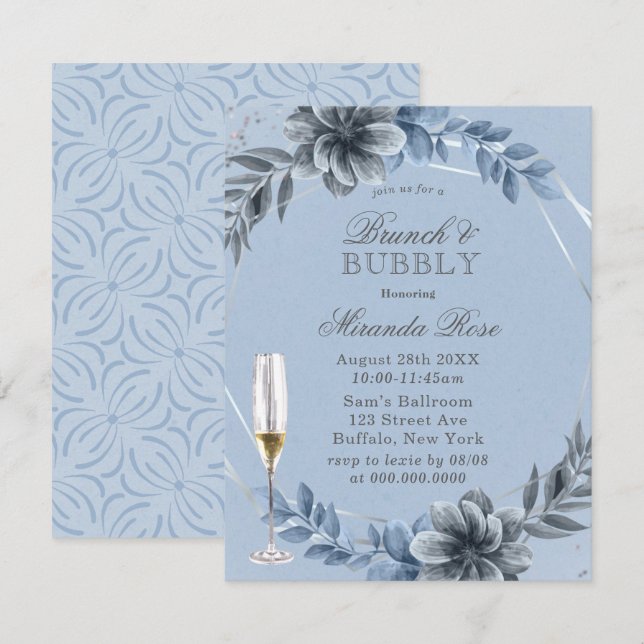 Invitación Dusty Blue Florals Brunch & Bubbly Invitan (Anverso / Reverso)