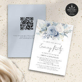 Invitación Dusty Blue Florals Código QR Boda Fiesta de noche