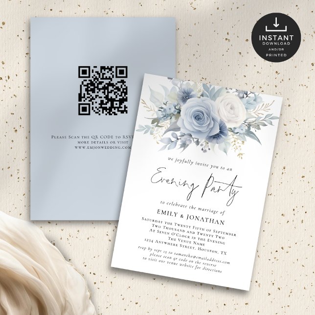 Invitación Dusty Blue Florals Código QR Boda Fiesta de noche (Front and back view)