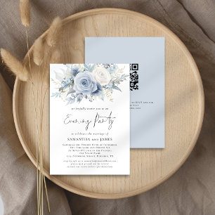 Invitación Dusty Blue Florals Código QR Boda Fiesta de noche