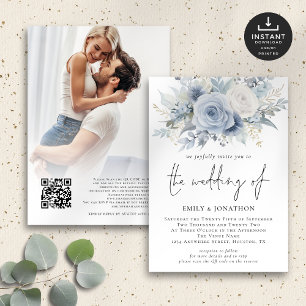 Invitación Dusty Blue Florals Foto Boda de código QR
