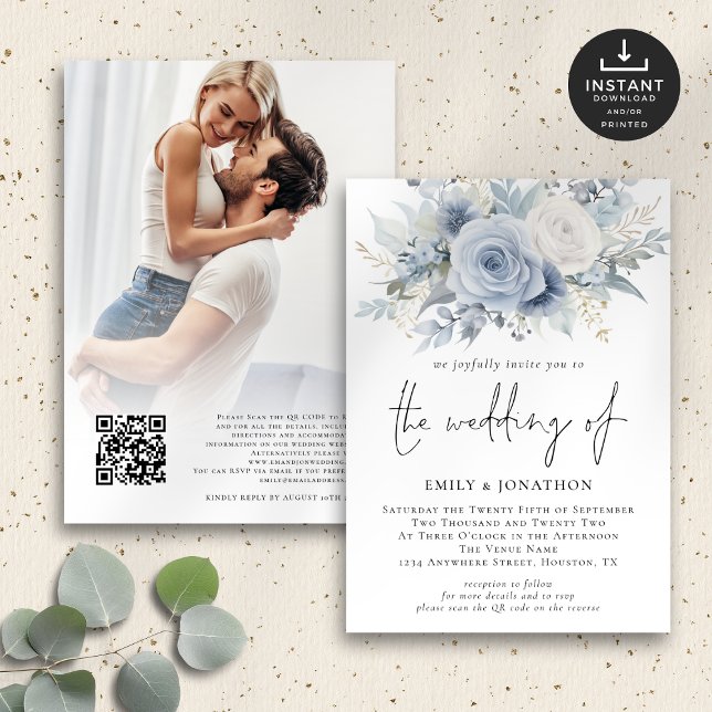 Invitación Dusty Blue Florals Foto Boda de código QR (Front and back view)