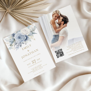 Invitación Dusty Blue Florals Foto Gold Textos QR Boda de cód