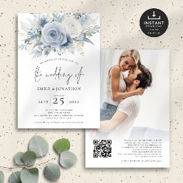 Invitación Dusty Blue Florals Foto Superposición de Boda de c