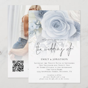 Invitación Dusty Blue Florals Foto superpuesta Boda de código