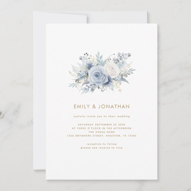 Invitación Dusty Blue Florals Gold Script QR Code Boda (Anverso)
