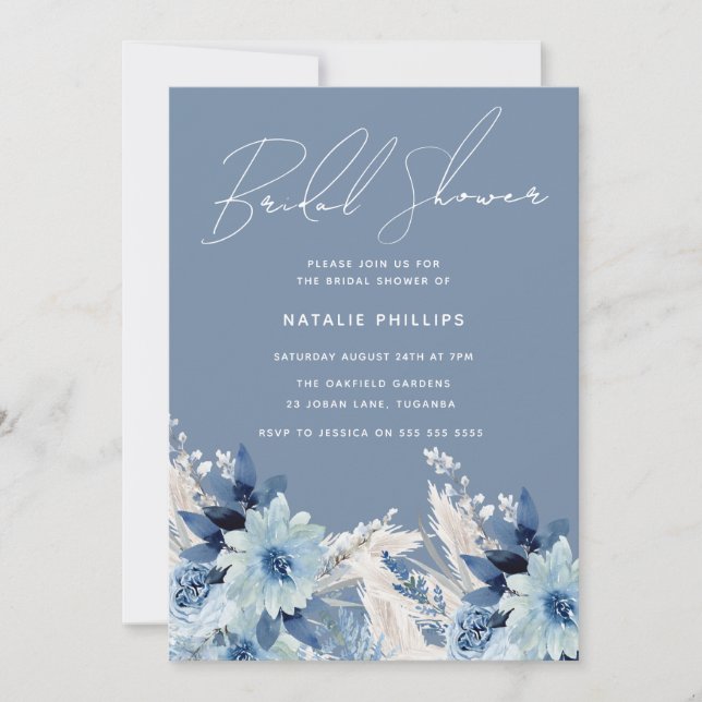 Invitación Dusty Blue Florals Hermosa Ducha Bridal (Anverso)