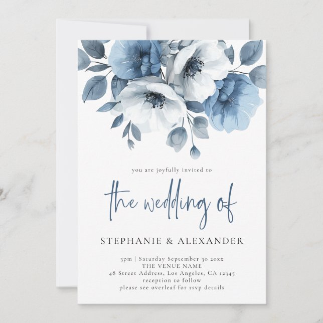 Invitación Dusty Blue Florals Script QR Code Wedding (Anverso)