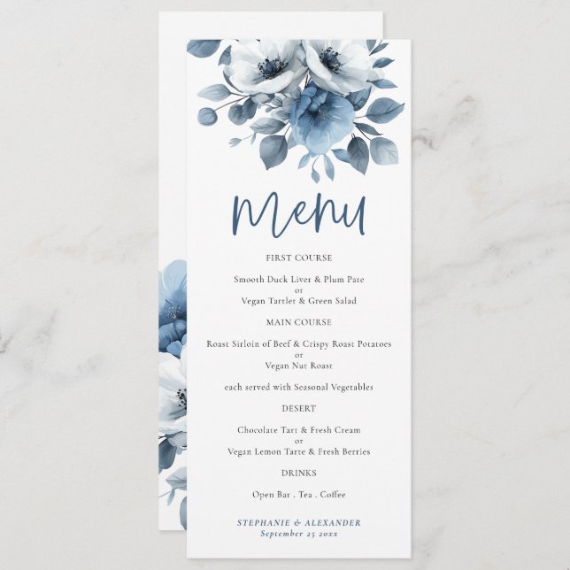 Invitación Dusty Blue Florals Script Wedding Printable Menu (Anverso / Reverso)