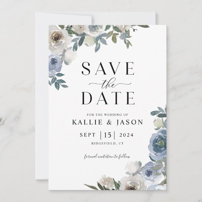 Invitación Dusty Blue Florals Watercolor Save the Date (Anverso)