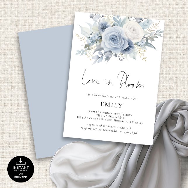 Invitación Dusty Blue Florines aman la ducha de novias en flo (Front and back view)