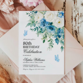 Invitación Dusty Blue Flowers 80th Birthday