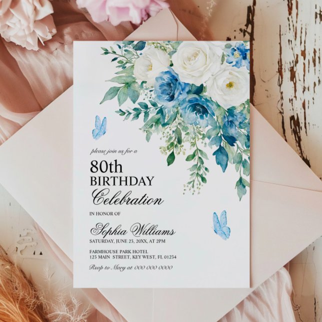Invitación Dusty Blue Flowers 80th Birthday (Subido por el creador)