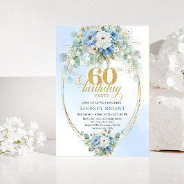 Invitación Dusty Blue Flowers Gold 60th Birthday Invitation