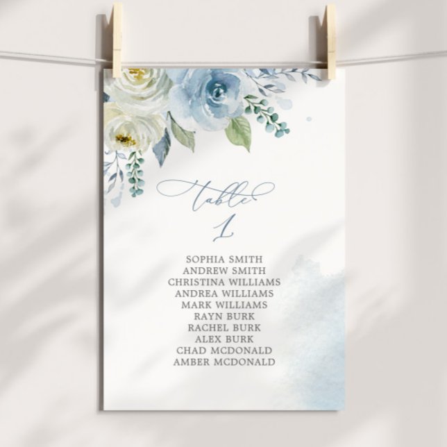 Invitación Dusty Blue Flowers Table Number 1 Seating Chart (Subido por el creador)