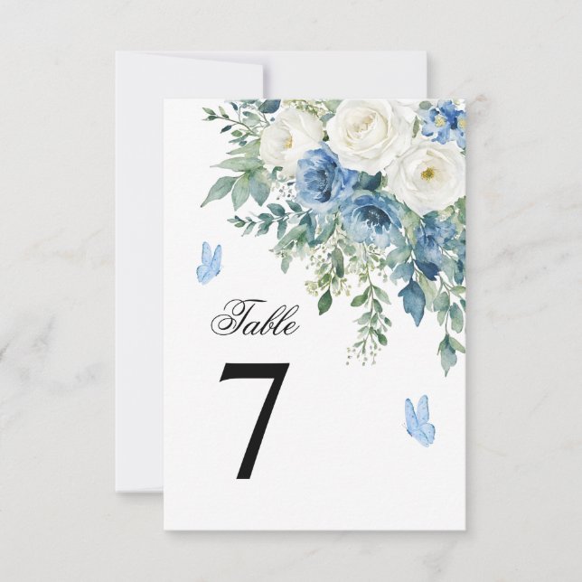 Invitación Dusty Blue Flowers Wedding Table Number (Anverso)