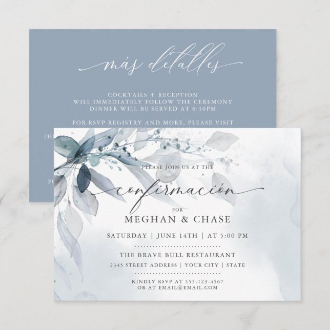 Invitación Dusty Blue Foliage PERSONALIZADO3 DETALLES RSVP (Anverso / Reverso)