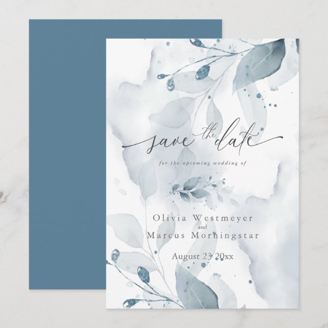 Invitación Dusty Blue Foliage Save the Date (Anverso / Reverso)