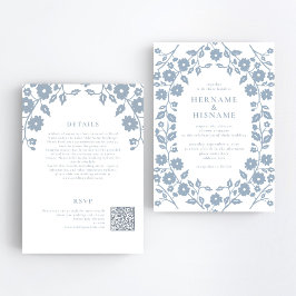 Invitación Dusty Blue Folk Floral QR RSVP Boda todo en uno