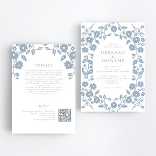 Invitación Dusty Blue Folk Floral QR RSVP Boda todo en uno