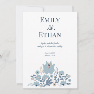 Invitación Dusty Blue Folk Floral Wedding Invitation
