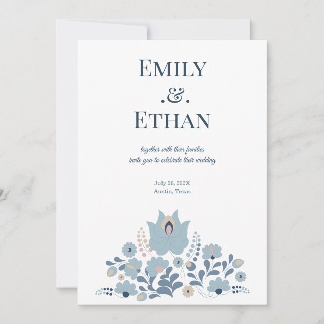 Invitación Dusty Blue Folk Floral Wedding Invitation (Anverso)