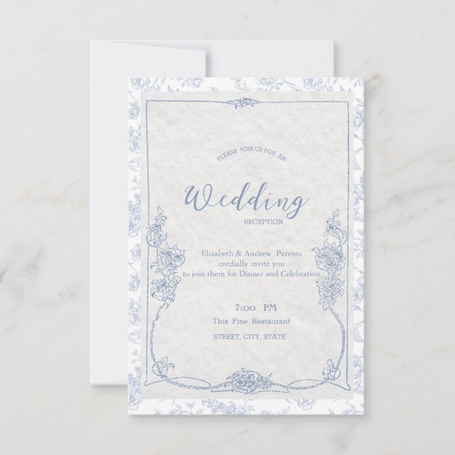 Invitación  Dusty Blue French Floral Toile Wedding (Anverso)
