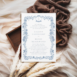 Invitación Dusty Blue French Toile Floral Bow Boda formal