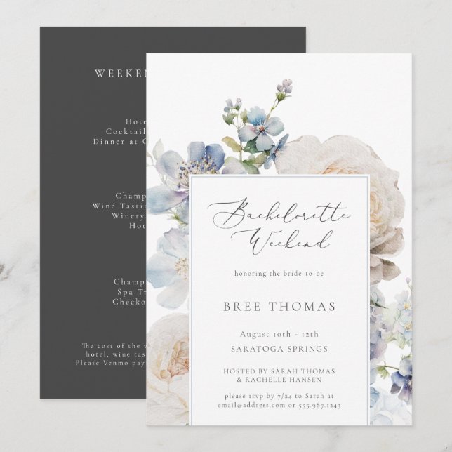 Invitación Dusty Blue Garden Floral Bachelorette Weekend (Anverso / Reverso)