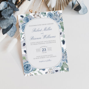 Invitación Dusty Blue Garden Rosas Floral Elegante Boda