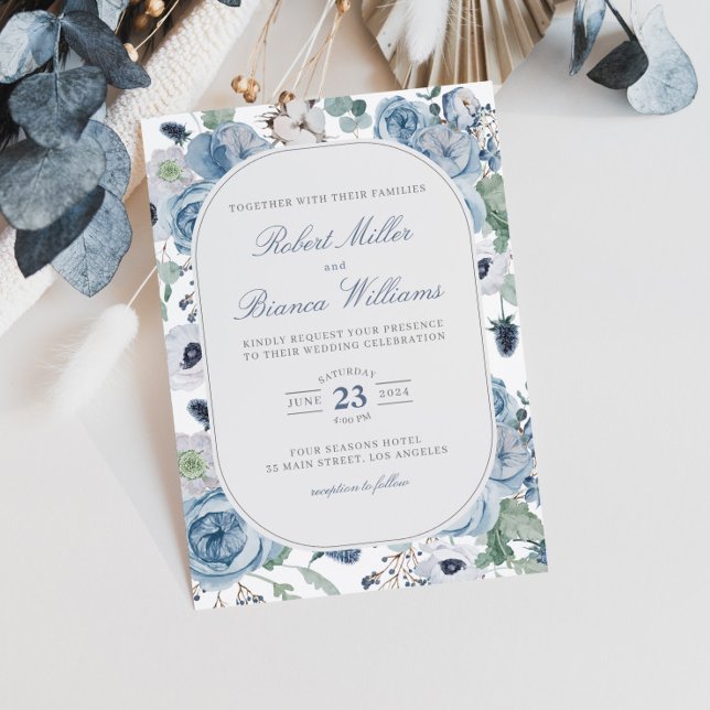 Invitación Dusty Blue Garden Rosas Floral Elegante Boda (Subido por el creador)