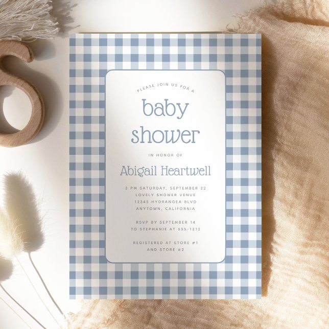 Invitación Dusty Blue Gingham Check Baby Shower (Subido por el creador)