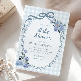 Invitación Dusty Blue Gingham Floral Vintage Boy Baby Shower